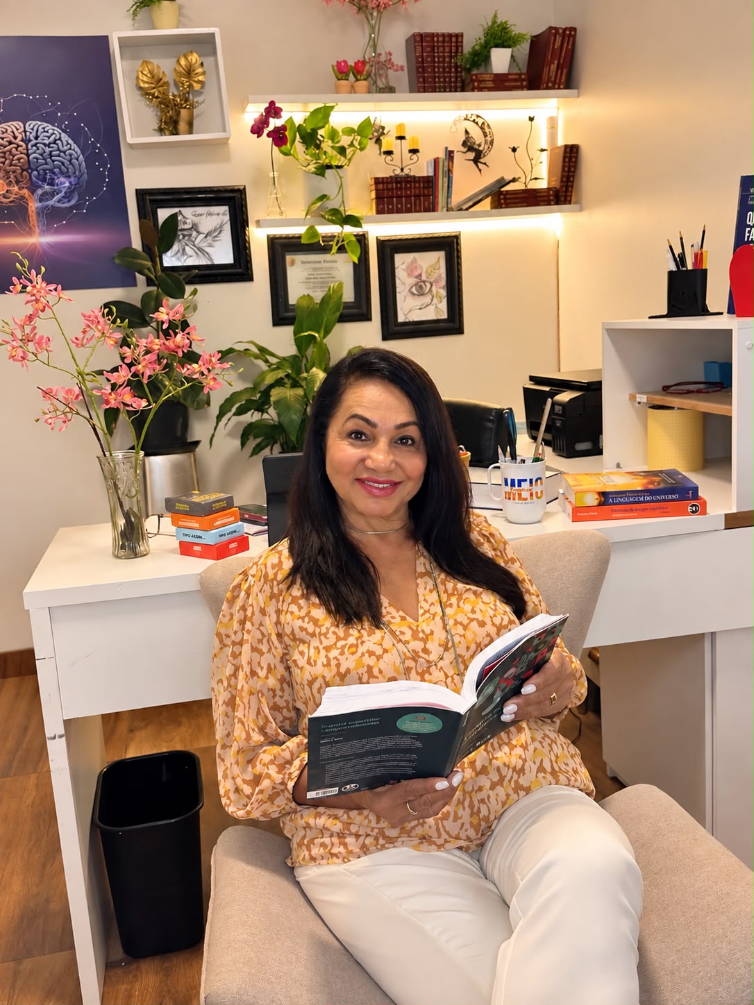 Psicóloga Nina Souza sorrindo com um livro em seu ambiente de trabalho
